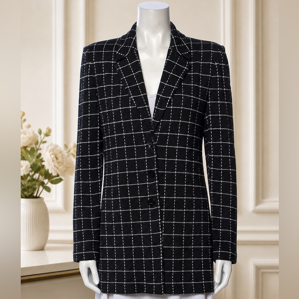 St. John Collection Plaid Print Black Checkered Blazer Jacket - Size M / 6